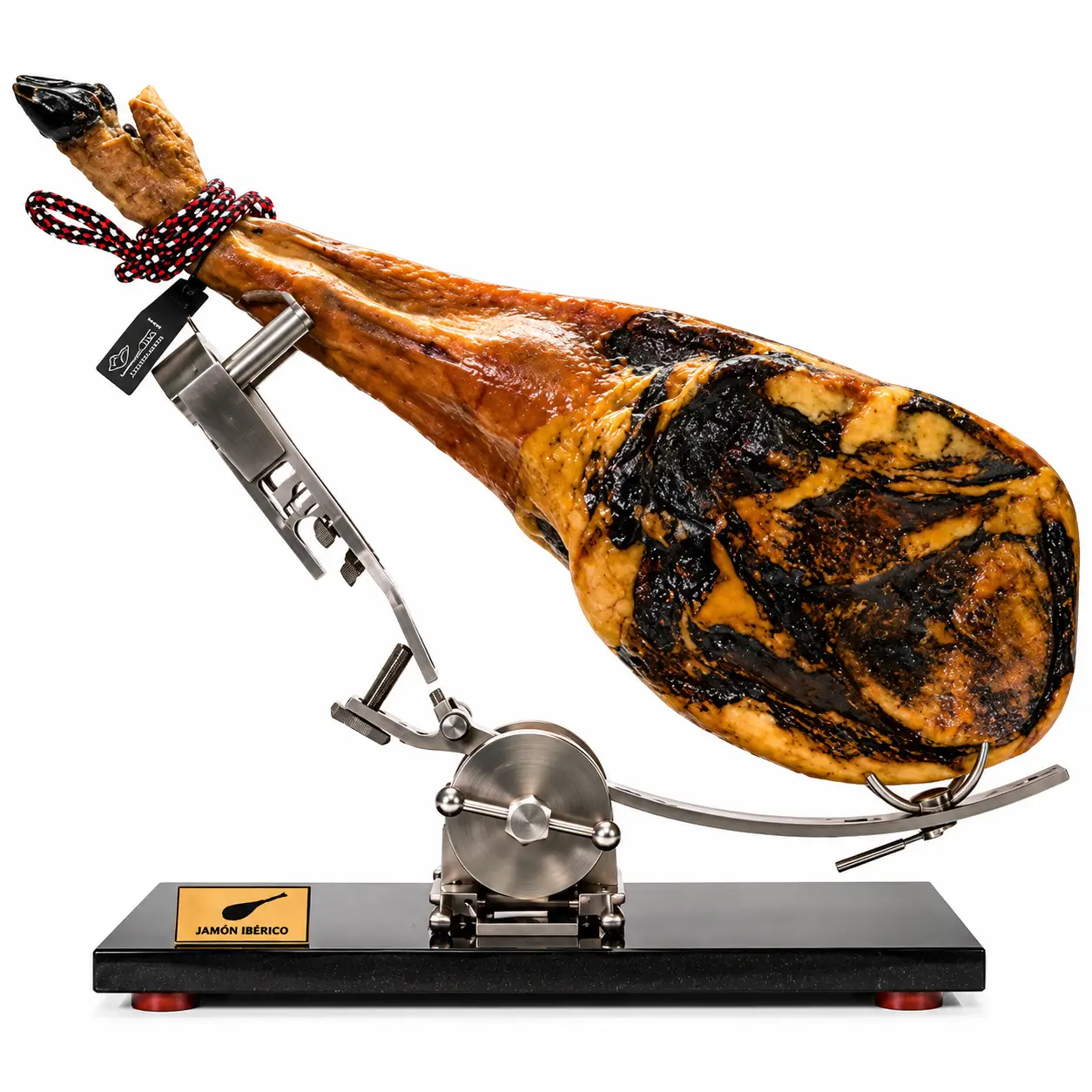Jamón ibérico sobre soporte de acero inoxidable Paleta Ibérica 100% bellota etiqueta negra - Imagen 1